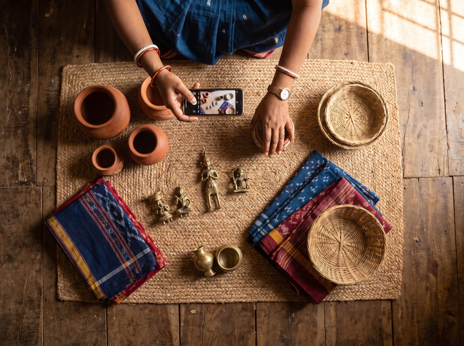 Handmade terracotta, dokra brass and handloom goods arranged for cataloguing