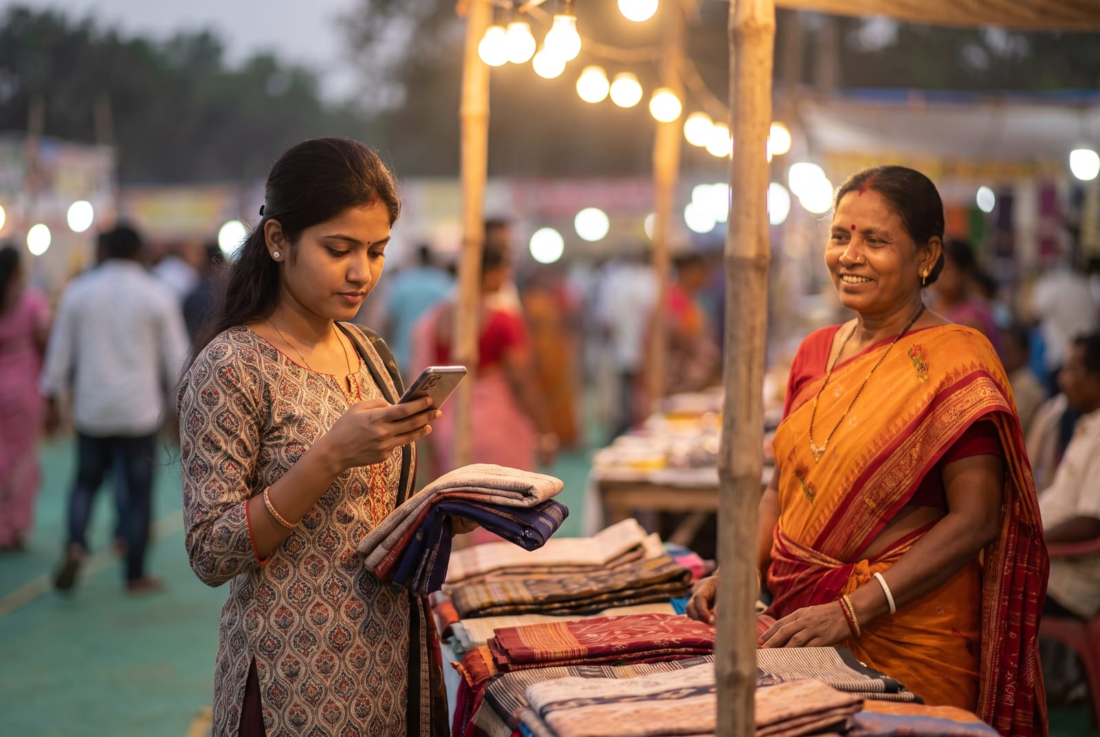 A customer checking her phone after buying handloom cloth at a stall