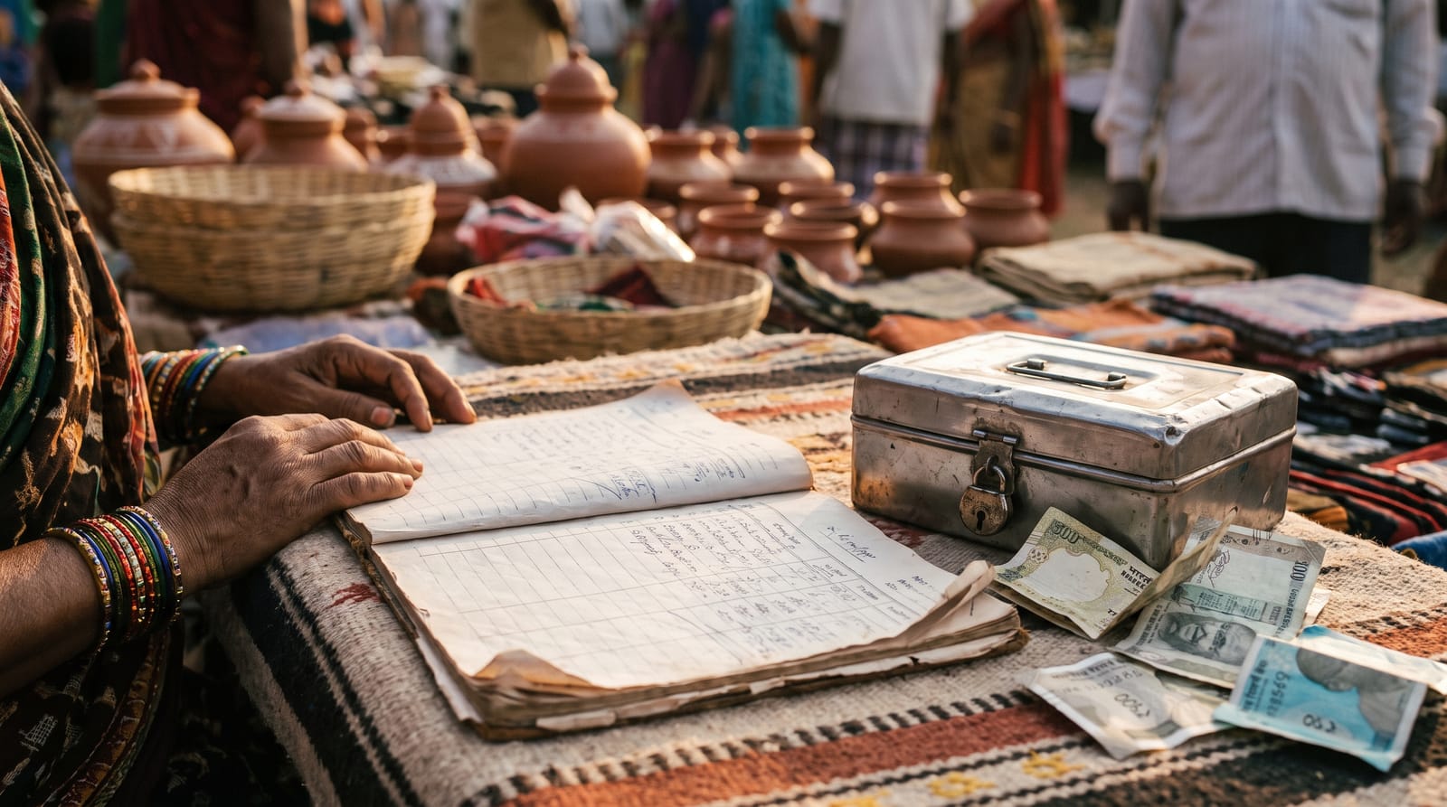 A paper sales register and cash box on a stall counter at a rural trade fair