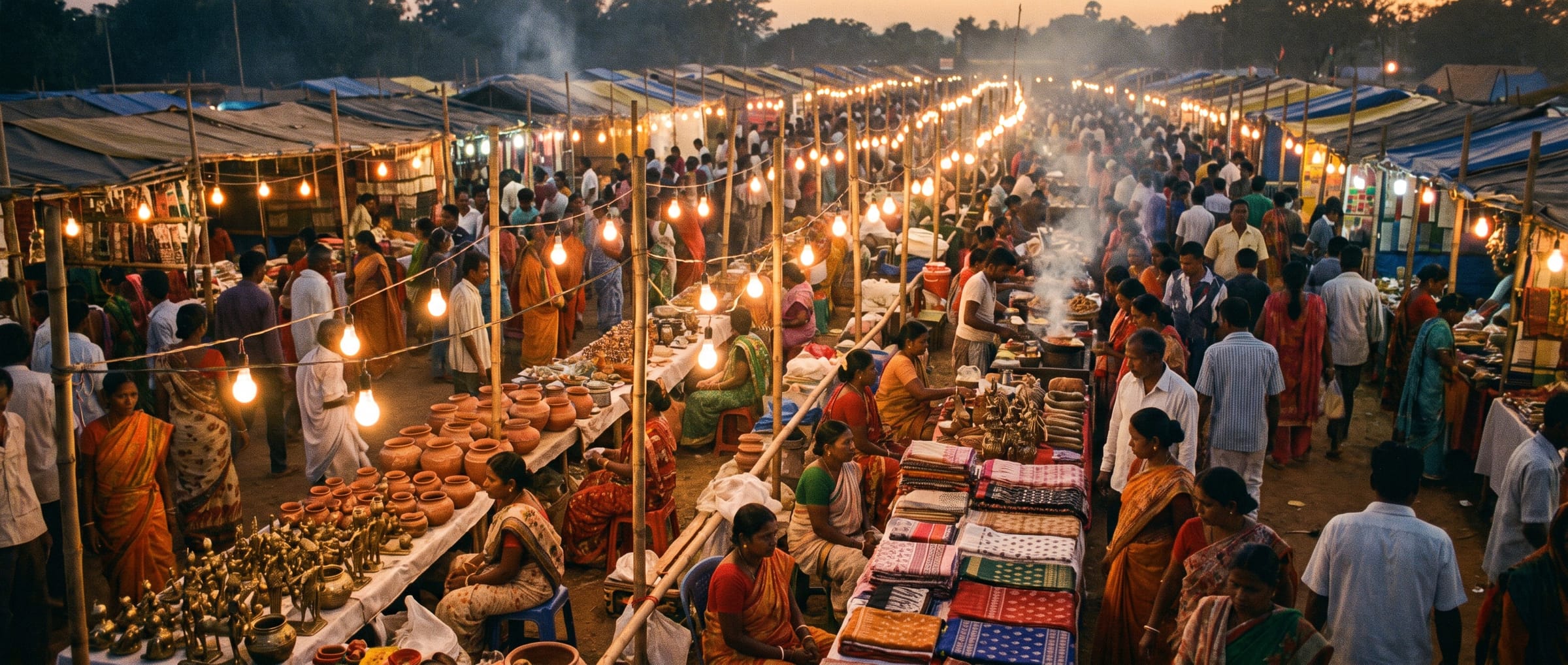 Rows of handicraft stalls at a large rural trade fair