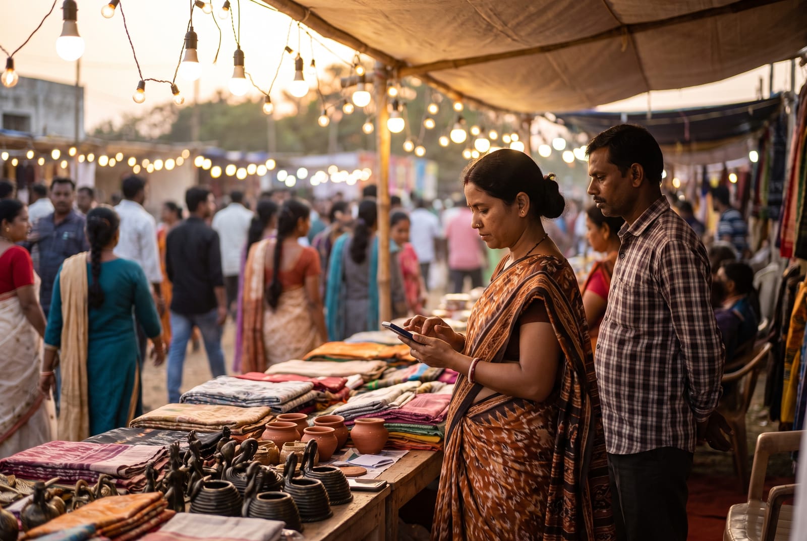 A seller in a Sambalpuri saree speaking into a phone at her fair stall